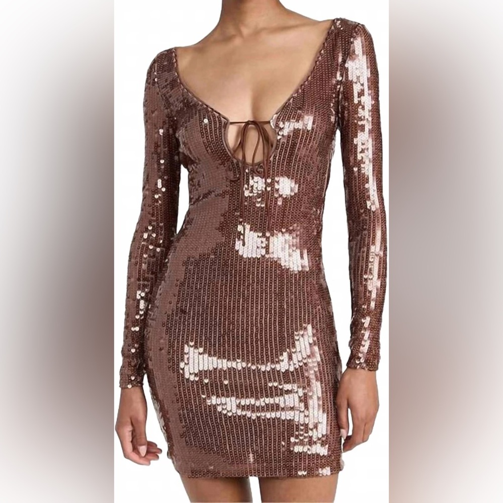 Bardot Rose Gold Sequin Long-Sleeve Mini Dress